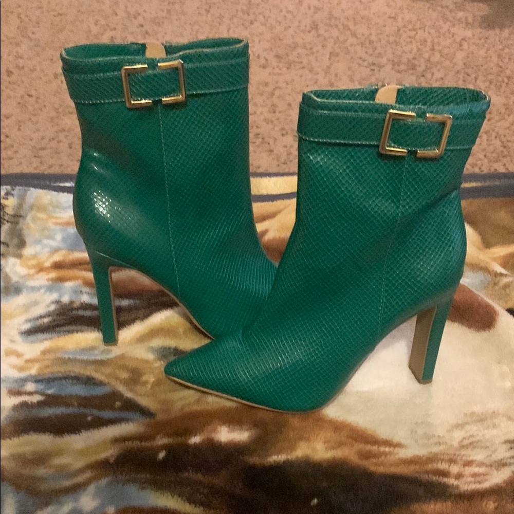 New York & Company Green Heeled Boots with Gold Buckle